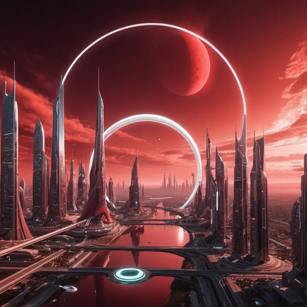 Prompt: future city and has red skys and rings