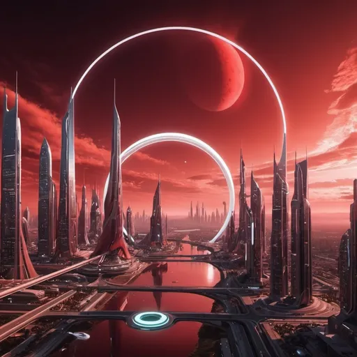 Prompt: future city and has red skys and rings