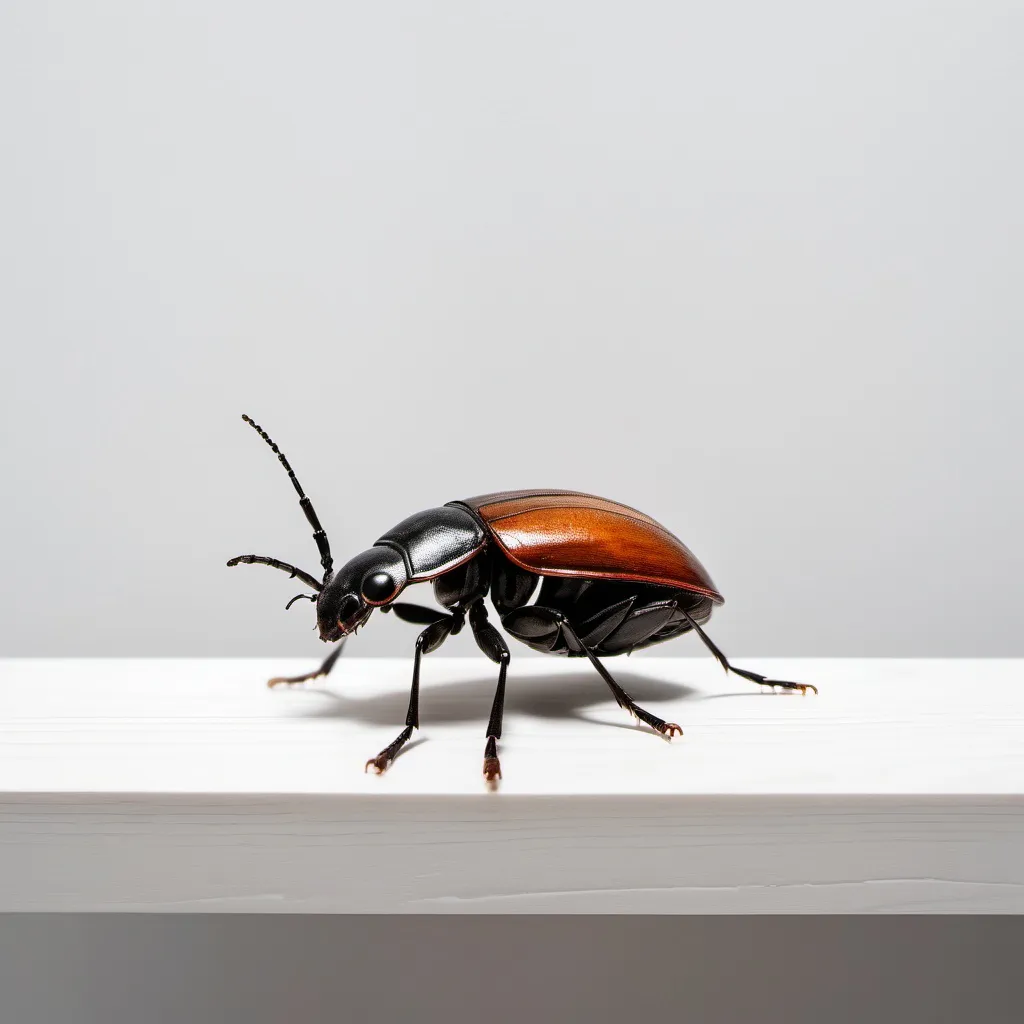 Prompt: a bug sitting on top of a wooden table next to a wall and a white wall behind it with a white wall, Domirinic Fegallia, temporary art, 150mp, a microscopic photo