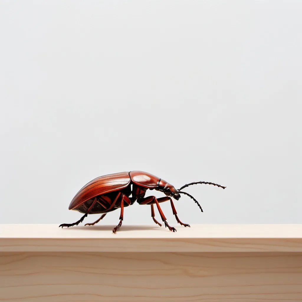 Prompt: a bug sitting on top of a wooden table next to a wall and a white wall behind it with a white wall, Domirinic Fegallia, temporary art, 150mp, a microscopic photo