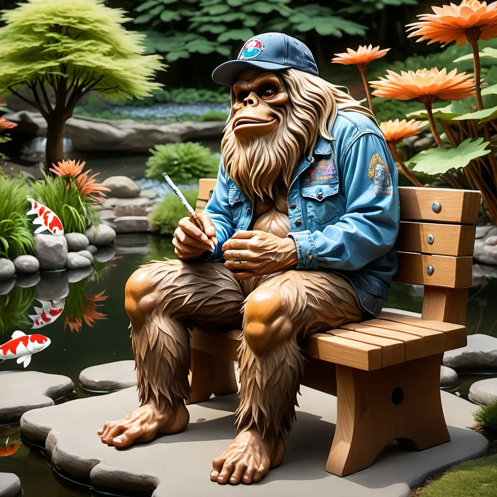 Prompt: A Sasquatch sitting on a bench next to a Koi pond. He has relaxing and smoking a joint. He is wearing a Grateful Dead shirt and Fisherman’s hat