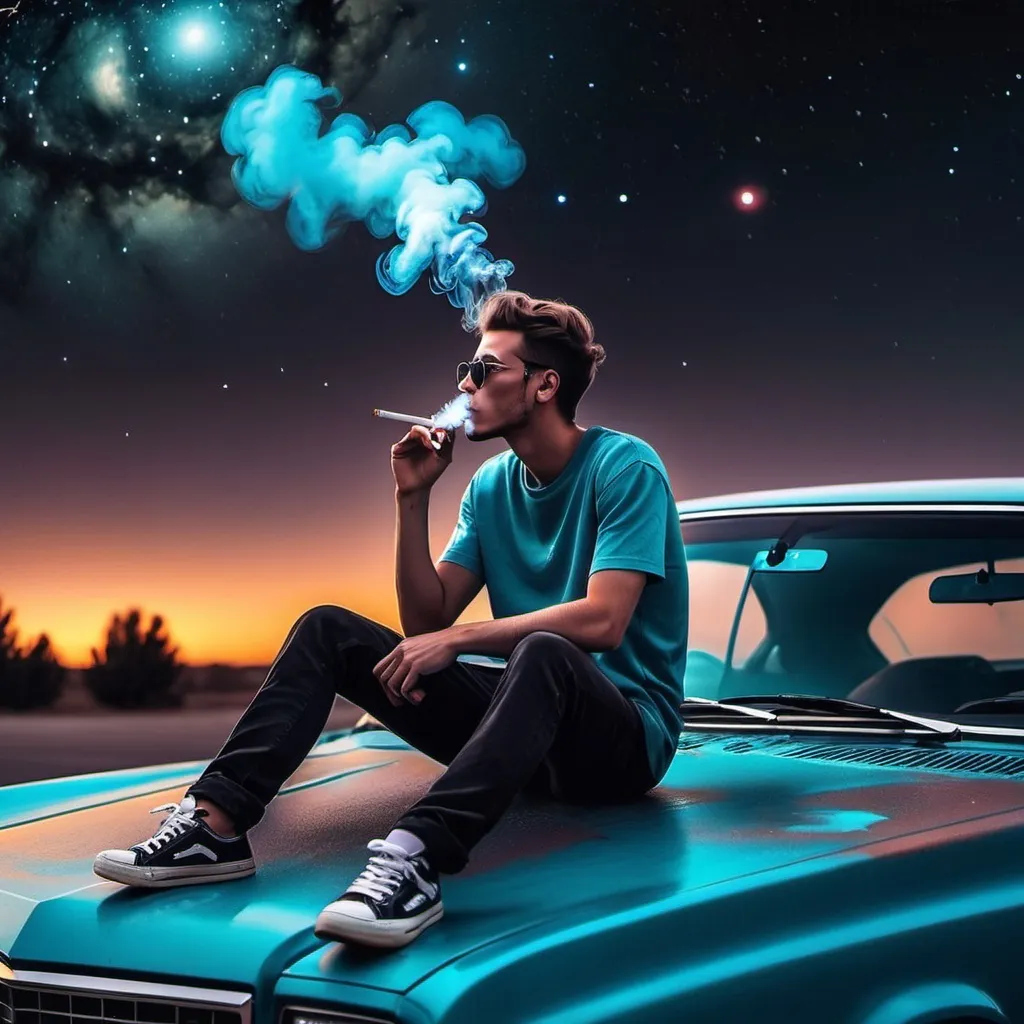 Prompt: a guy on a cool cars hood smoking a cigarette with a galaxy