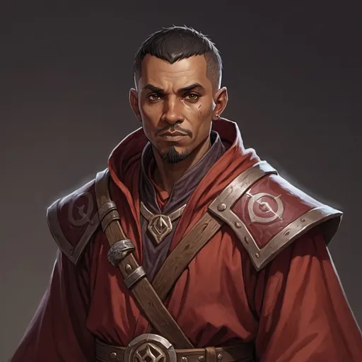 Prompt: Dungeons and dragons male cultist cleric, wearing shoddy robes, 42 year old man, calm face short, black and graying hair, very short hair, caramel skin, dark red robes, dark light skin