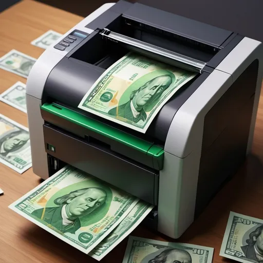 Prompt: (printer printing a stack of money), (hyper-realistic), detailed and intricate design, vibrant colors, emphasizing the flow of ink, dynamic contrast between the printer and the green hues of the bills, (highly detailed), modern technology background, illustrating innovation and wealth generation, showcasing an atmosphere of excitement and opportunity, (4K resolution), rich textures and sharp focus, capturing the essence of abundance.