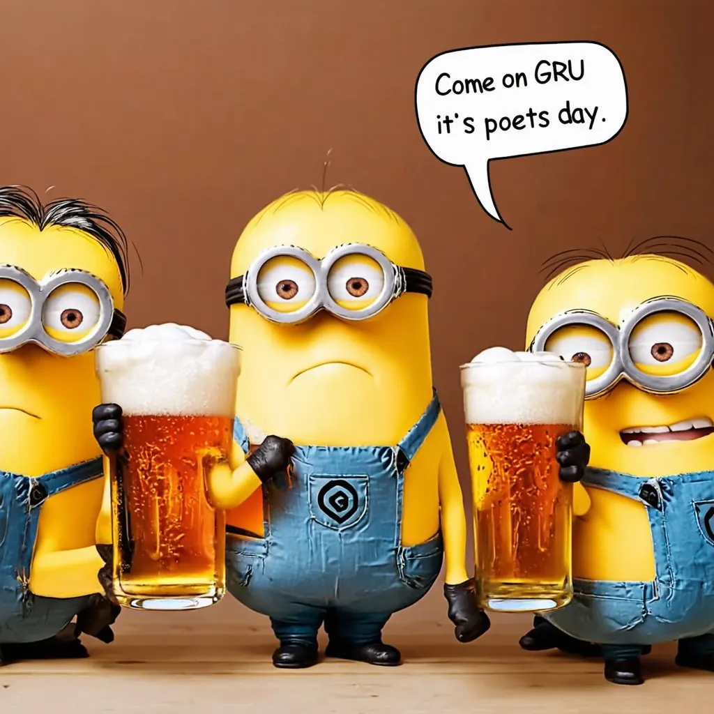 Prompt: Minions drinking beer, text saying “come on Gru it’s poets day”