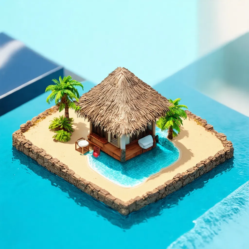 Prompt: miniature isometric world render, a hut surrounded by clear water, bahamas, on a table