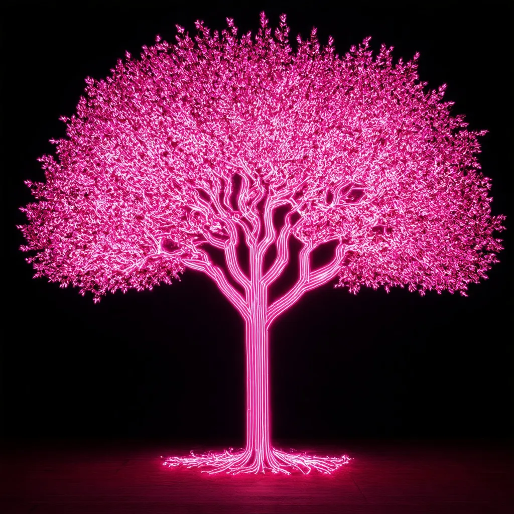 Prompt: pink tree shaped light painting black backdrop, minimalistic, elegant line design