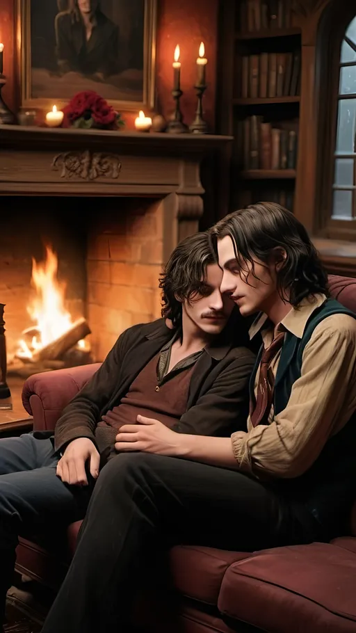 Prompt: 70s realistic vintage aesthetic young Sirius Black with long black hair and tattoos and young Remus Lupin with short hair and no facial hair are sitting on a couch hugging and looking at each other in front of a fireplace at the Gryffindor common room. it’s night and outside it’s raining. all around them there are books and on a table there is coffee and cake