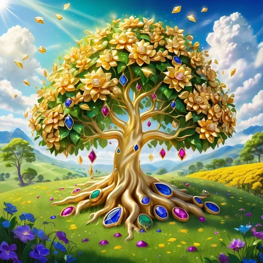 Prompt: golden flowers money tree overflows with enormous piles of golds and many diamonds rubies emeralds sapphires amethysts precious gemstones on tree and covers ground upon beautiful green grass landscape and sunny blue sky with white clouds. background