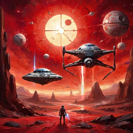 Prompt: (square wallpaper), (Star Wars themed), vibrant red background, iconic symbols and motifs, epic space elements, bold graphics, dynamic composition, cosmic atmosphere, high detail, striking visuals, perfect for sci-fi fans, modern design aesthetic, futuristic feel, 4K resolution, visually captivating, inspired by space adventures.