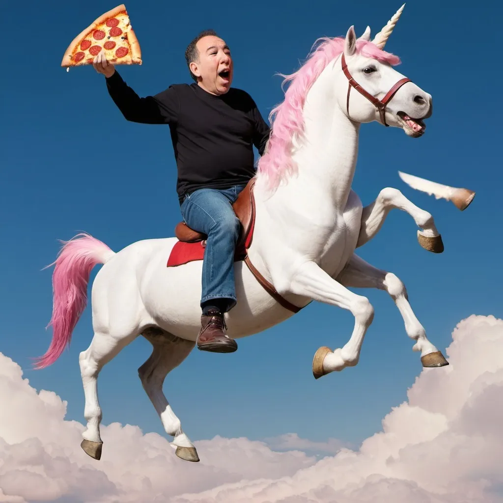 Prompt: Gilbert Gottfried riding a unicorn through the sky while eating pizza