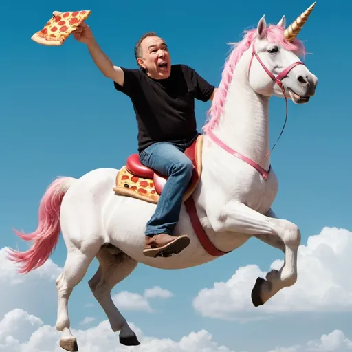 Prompt: Gilbert Gottfried riding a unicorn through the sky while eating pizza