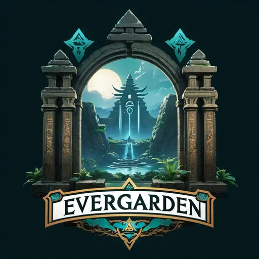 Prompt: Create a new logo image for Evergarden 2025 with the main theme as Ancient Oasis. Sub-themes are Realms of the Underworld and Dark Fantasy. Lost Temple Vibe, Legend of Zelda - Zelda Shrine, Ancient Civilization, Breath of the Wild, Magic + Tech