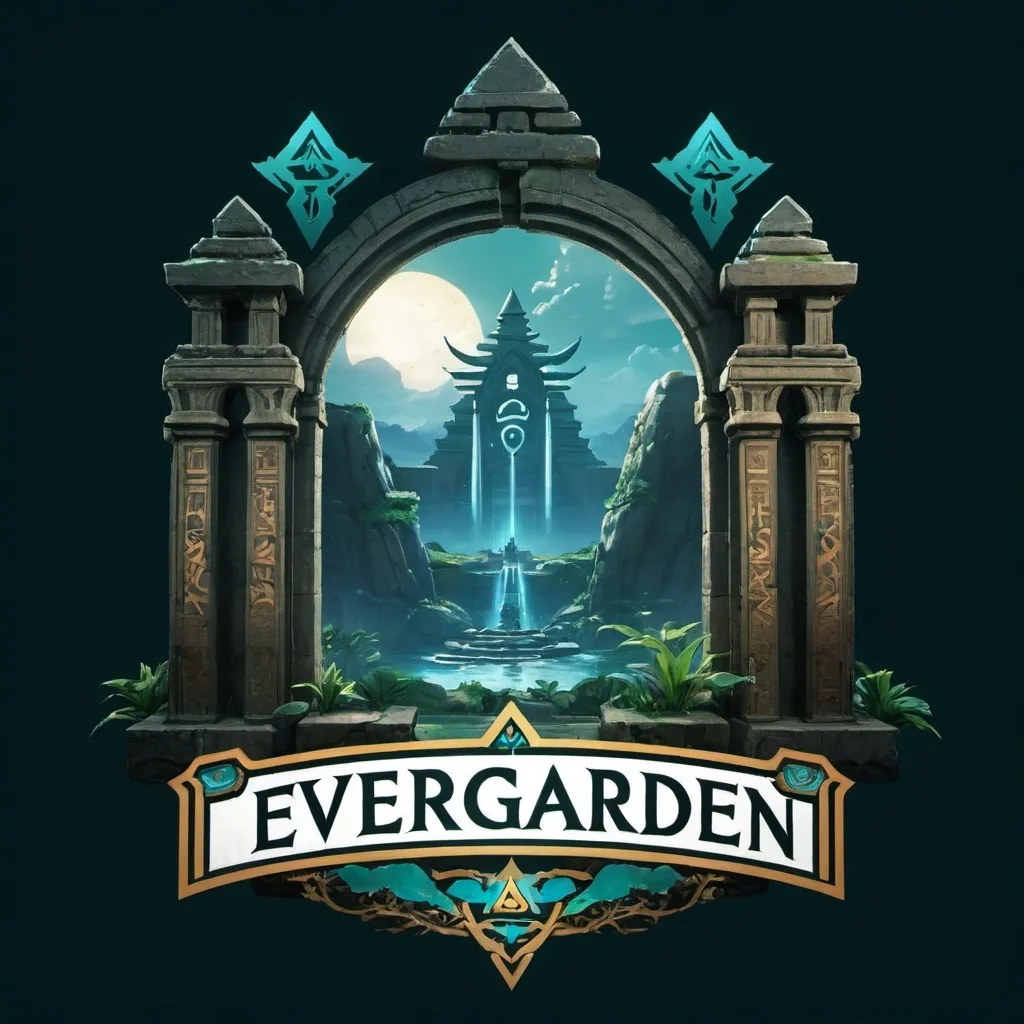 Prompt: Create a new logo image for Evergarden 2025 with the main theme as Ancient Oasis. Sub-themes are Realms of the Underworld and Dark Fantasy. Lost Temple Vibe, Legend of Zelda - Zelda Shrine, Ancient Civilization, Breath of the Wild, Magic + Tech