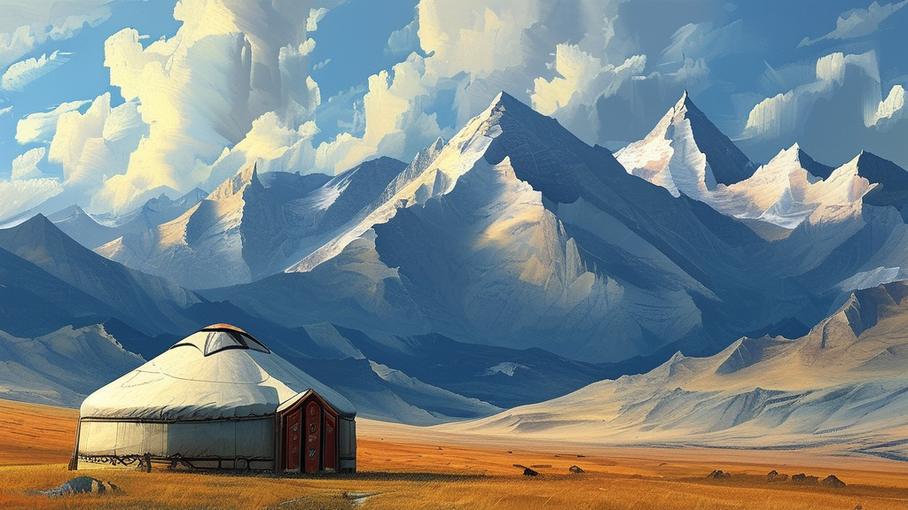 Prompt: An epic landscape like The Great Steppe with mountains in the background, a yurt in the foreground