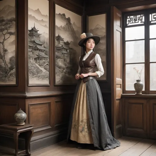 Prompt: A beautiful young woman in 19th-century attire, comprising a long, flowing skirt and a fitted waistcoat, pauses between the intricately carved, gilded frame of a centuries-old cityscape and the worn, wooden floorboards of a stone-walled room. One foot remains within the frame, surrounded by worn, gray stone houses with steeply pitched roofs, ornate chimneys, and lazily drifting smoke. Her other foot has stepped into the room, as if drawn by an unseen force. Her elegant hat, adorned with a delicate flower and ribbon, tops an escaping tumble of soft, curly hair, framing her upward-gazing face, lost in thought. A thick, leather-bound book is clutched tightly in her gloved hand. Soft, luminescent light emanates from her form, as it begins to transcend the frame's boundaries, imbuing the space with a subtle, ethereal glow. This piece blends the expressive, loose brushstrokes of traditional Chinese ink art, reminiscent of Hiroshi Yoshida's landscapes, with the precise, varied line work characteristic of Kim Jung Gi's and the delicate illustrations of Gustave Doré, incorporating captivating qualities of Chinese pen and ink drawings with subtle, nuanced golden accents and misty atmosphere.