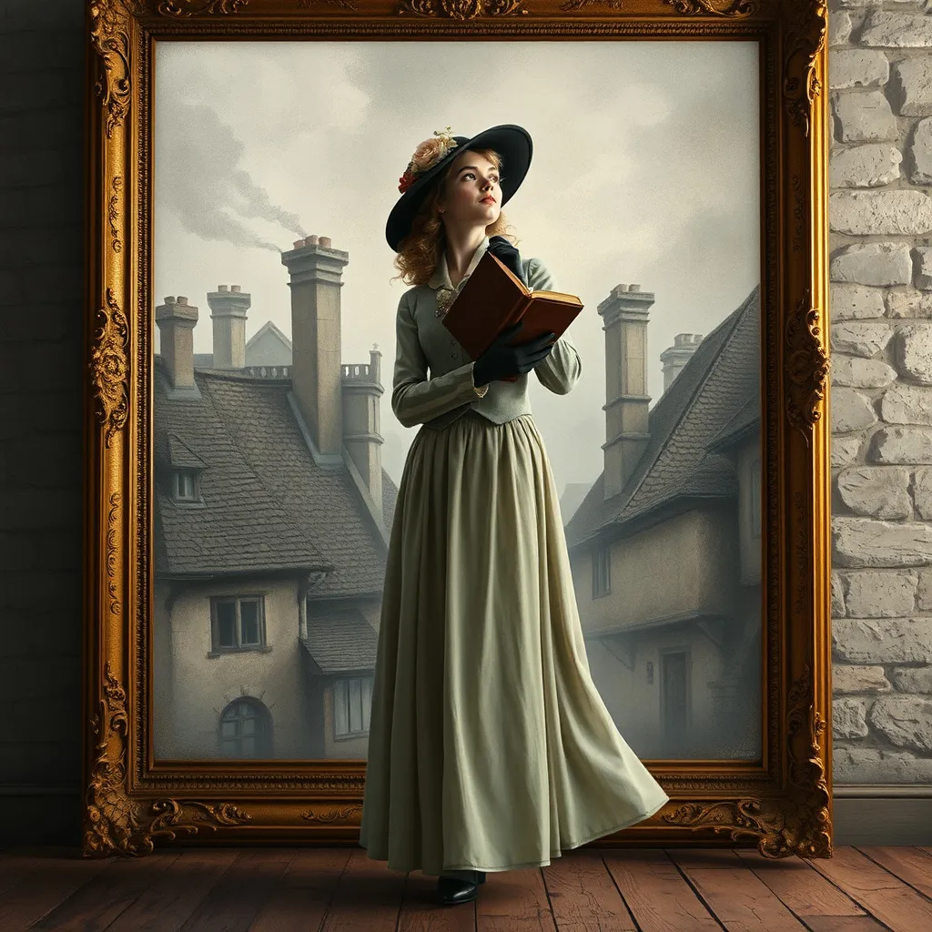 Prompt: A beautiful young woman in 19th-century attire, comprising a long, flowing skirt and a fitted waistcoat, pauses between the intricately carved, gilded frame of a centuries-old cityscape and the worn, wooden floorboards of a stone-walled room. One foot remains within the frame, surrounded by worn, gray stone houses with steeply pitched roofs, ornate chimneys, and lazily drifting smoke. Her other foot has stepped into the room, as if drawn by an unseen force. Her elegant hat, adorned with a delicate flower and ribbon, tops an escaping tumble of soft, curly hair, framing her upward-gazing face, lost in thought. A thick, leather-bound book is clutched tightly in her gloved hand. Soft, luminescent light emanates from her form, as it begins to transcend the frame's boundaries, imbuing the space with a subtle, ethereal glow. This piece blends the expressive, loose brushstrokes of traditional Chinese ink art, reminiscent of Hiroshi Yoshida's landscapes, with the precise, varied line work characteristic of Kim Jung Gi's and the delicate illustrations of Gustave Doré, incorporating captivating qualities of Chinese pen and ink drawings with subtle, nuanced golden accents and misty atmosphere.