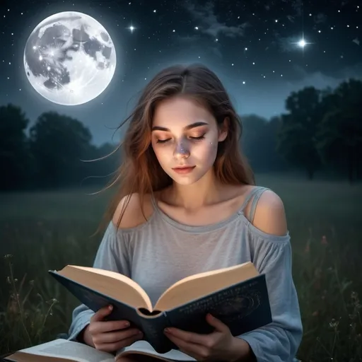 Prompt: Midnight misty sky with stars and celestial full moon, foggy, etheral, misty, beautiful glowing sivery girl with freckles and reading thick book