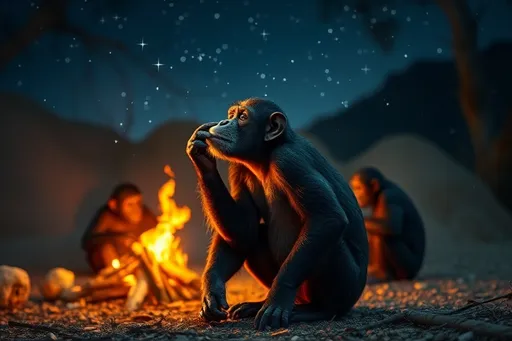 Prompt: Generate a lonely chimpanzee who looks curiously and thoughtfully at the stars. In the background there are other chmpanzees sitting around the fire