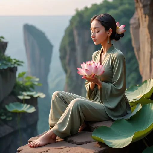 Prompt: A woman sitting peaceful on the edge of a cliff, lotus in her hand