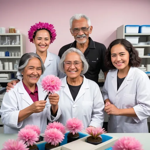 Prompt: new zealand maori and other ethnicities, three older women  and one young man  variety of age  comic style 
subtle smiles 
not looking into the camera
working in a research lab , comic simple style, pink blossoms include labatory utensiles l