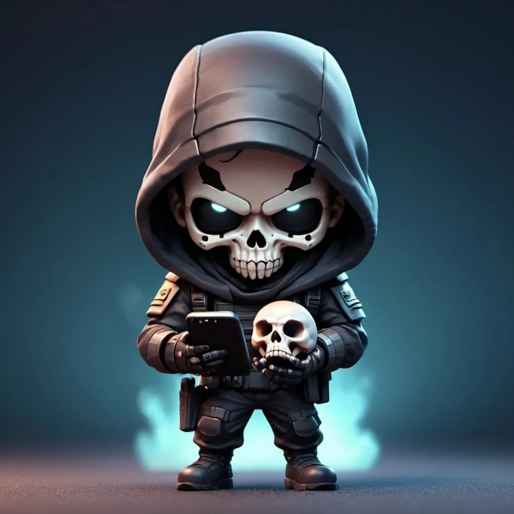 Prompt: A chibi soldier with a skull for a face under a dark hood holding a smartphone on a futuristic battlefield.