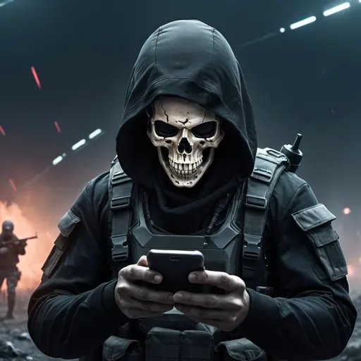 Prompt: A soldier with a skull for a face under a dark hood holding a smartphone on a futuristic battlefield.