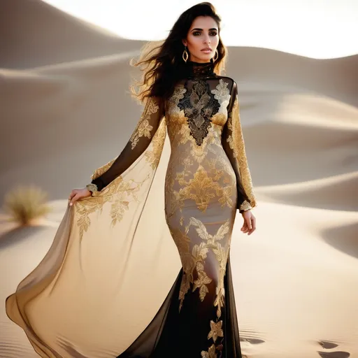 Prompt: Covered turtle neck, Intricate floral gold embroidery, lace see through mesh chiffon fabric, very flowy, Full length image beautiful tall, Arab woman, Gold black embroidery dress ,posing,captured with soft focus and muted colors typical of early film photography, caftan Moroccan dress, tight fitted mermaid, ruffles