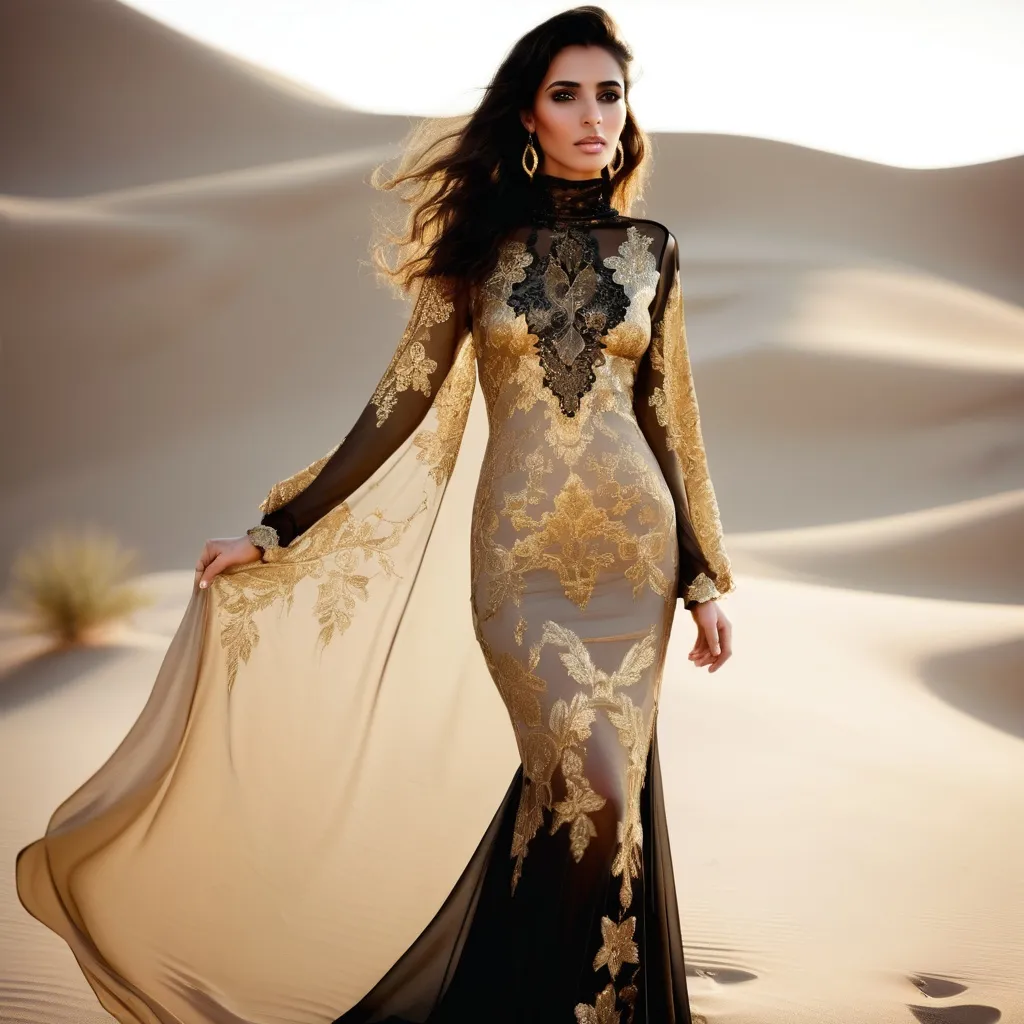 Prompt: Covered turtle neck, Intricate floral gold embroidery, lace see through mesh chiffon fabric, very flowy, Full length image beautiful tall, Arab woman, Gold black embroidery dress ,posing,captured with soft focus and muted colors typical of early film photography, caftan Moroccan dress, tight fitted mermaid, ruffles