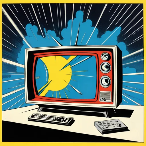 Prompt: Silk screen comic book illustration, old no signal tv screen, static
, 1960s retro futurism