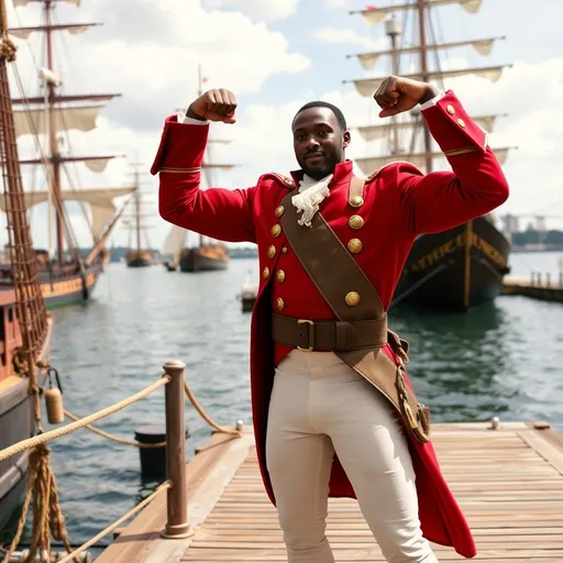 Prompt: lafayette in hamilton musical makes a double bicep pose standing on the dock of one of his many ships which are visible in the background