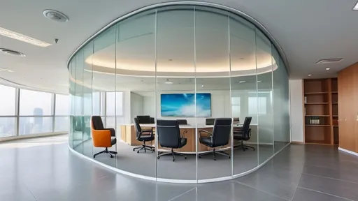 Prompt: Professional photos of see-through Curved glass Partition wall, and sunny long lens office decoration, perfect perspective, highly detailed, wide-angle lens, surreal, light luxury decoration style, gray floor, white ceiling, polarized filters, natural light, bright colors, everything is clearly focused, HDR, UHD, 64K