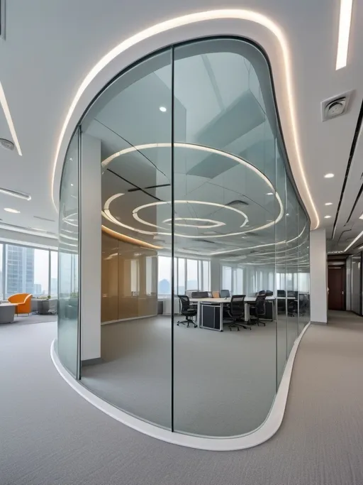 Prompt: Professional photos of see-through Curved glass Partition wall, and sunny long lens office decoration, perfect perspective, highly detailed, wide-angle lens, surreal, light luxury decoration style, gray floor, white ceiling, polarized filters, natural light, bright colors, everything is clearly focused, HDR, UHD, 64K