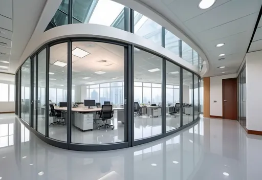 Prompt: Professional photos of see-through Curved glass Partition wall, and sunny long lens office decoration, perfect perspective, highly detailed, wide-angle lens, surreal, light luxury decoration style, gray floor, white ceiling, polarized filters, natural light, bright colors, everything is clearly focused, HDR, UHD, 64K