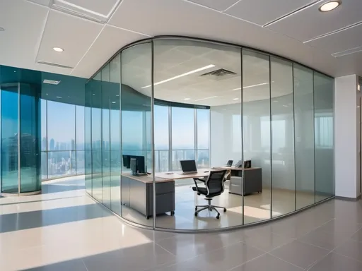 Prompt: Professional photos of see-through Curved glass Partition wall, and sunny long lens office decoration, perfect perspective, highly detailed, wide-angle lens, surreal, light luxury decoration style, gray floor, white ceiling, polarized filters, natural light, bright colors, everything is clearly focused, HDR, UHD, 64K