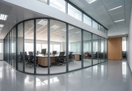 Prompt: Professional photos of see-through Curved glass Partition wall, and sunny long lens office decoration, perfect perspective, highly detailed, wide-angle lens, surreal, light luxury decoration style, gray floor, white ceiling, polarized filters, natural light, bright colors, everything is clearly focused, HDR, UHD, 64K