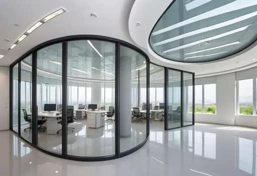 Prompt: Professional photos of see-through Curved glass Partition wall, ,and sunny long lens office The oval glass room, perfect perspective, highly detailed, wide-angle lens, surreal, light luxury decoration style, gray floor, white ceiling, polarized filters, natural light, bright colors, everything is clearly focused, HDR, UHD, 64K