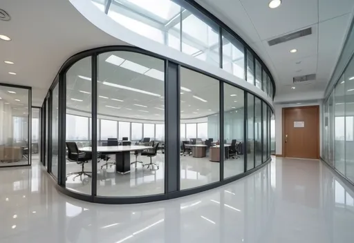 Prompt: Professional photos of see-through Curved glass Partition wall, ,and sunny long lens office The oval glass room, perfect perspective, highly detailed, wide-angle lens, surreal, light luxury decoration style, gray floor, white ceiling, polarized filters, natural light, bright colors, everything is clearly focused, HDR, UHD, 64K