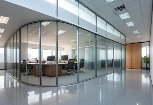 Prompt: Professional photos of see-through Curved glass Partition wall, and sunny long lens office decoration, perfect perspective, highly detailed, wide-angle lens, surreal, light luxury decoration style, gray floor, white ceiling, polarized filters, natural light, bright colors, everything is clearly focused, HDR, UHD, 64K