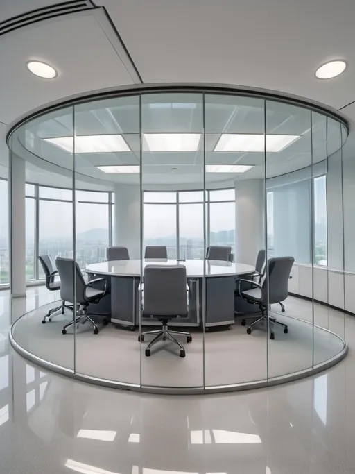 Prompt: Professional photos of see-through Curved glass Partition wall, ,and sunny long lens office The oval glass room, perfect perspective, highly detailed, wide-angle lens, surreal, light luxury decoration style, gray floor, white ceiling, polarized filters, natural light, bright colors, everything is clearly focused, HDR, UHD, 64K