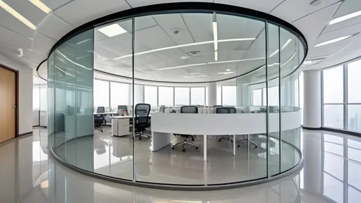 Prompt: Professional photos of see-through Curved glass Partition wall, and sunny long lens office decoration, perfect perspective, highly detailed, wide-angle lens, surreal, light luxury decoration style, gray floor, white ceiling, polarized filters, natural light, bright colors, everything is clearly focused, HDR, UHD, 64K