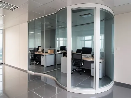 Prompt: Professional photos of see-through Curved glass Partition wall, and sunny long lens office decoration, perfect perspective, highly detailed, wide-angle lens, surreal, light luxury decoration style, gray floor, white ceiling, polarized filters, natural light, bright colors, everything is clearly focused, HDR, UHD, 64K