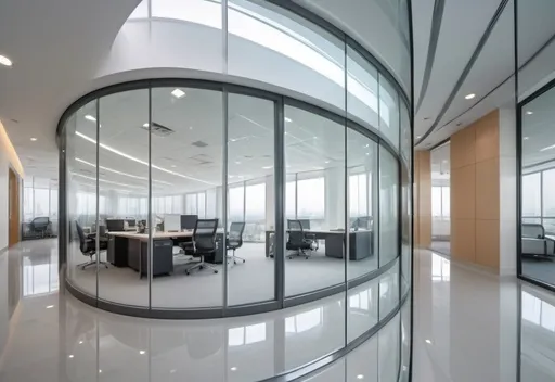 Prompt: Professional photos of see-through Curved glass Partition wall, and sunny long lens office decoration, perfect perspective, highly detailed, wide-angle lens, surreal, light luxury decoration style, gray floor, white ceiling, polarized filters, natural light, bright colors, everything is clearly focused, HDR, UHD, 64K