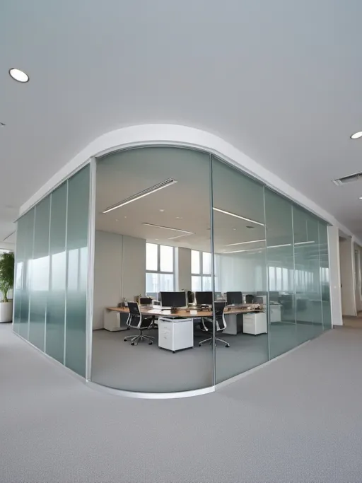 Prompt: Professional photos of see-through Curved glass Partition wall, and sunny long lens office decoration, perfect perspective, highly detailed, wide-angle lens, surreal, light luxury decoration style, gray floor, white ceiling, polarized filters, natural light, bright colors, everything is clearly focused, HDR, UHD, 64K