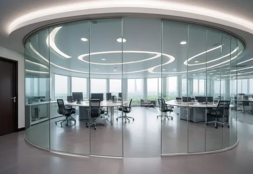 Prompt: Professional photos of see-through Curved glass Partition wall, ,and sunny long lens office The oval glass room, perfect perspective, highly detailed, wide-angle lens, surreal, light luxury decoration style, gray floor, white ceiling, polarized filters, natural light, bright colors, everything is clearly focused, HDR, UHD, 64K