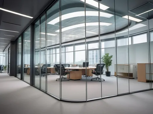 Prompt: Professional photos of see-through Curved glass Partition wall, and sunny long lens office decoration, perfect perspective, highly detailed, wide-angle lens, surreal, light luxury decoration style, gray floor, white ceiling, polarized filters, natural light, bright colors, everything is clearly focused, HDR, UHD, 64K