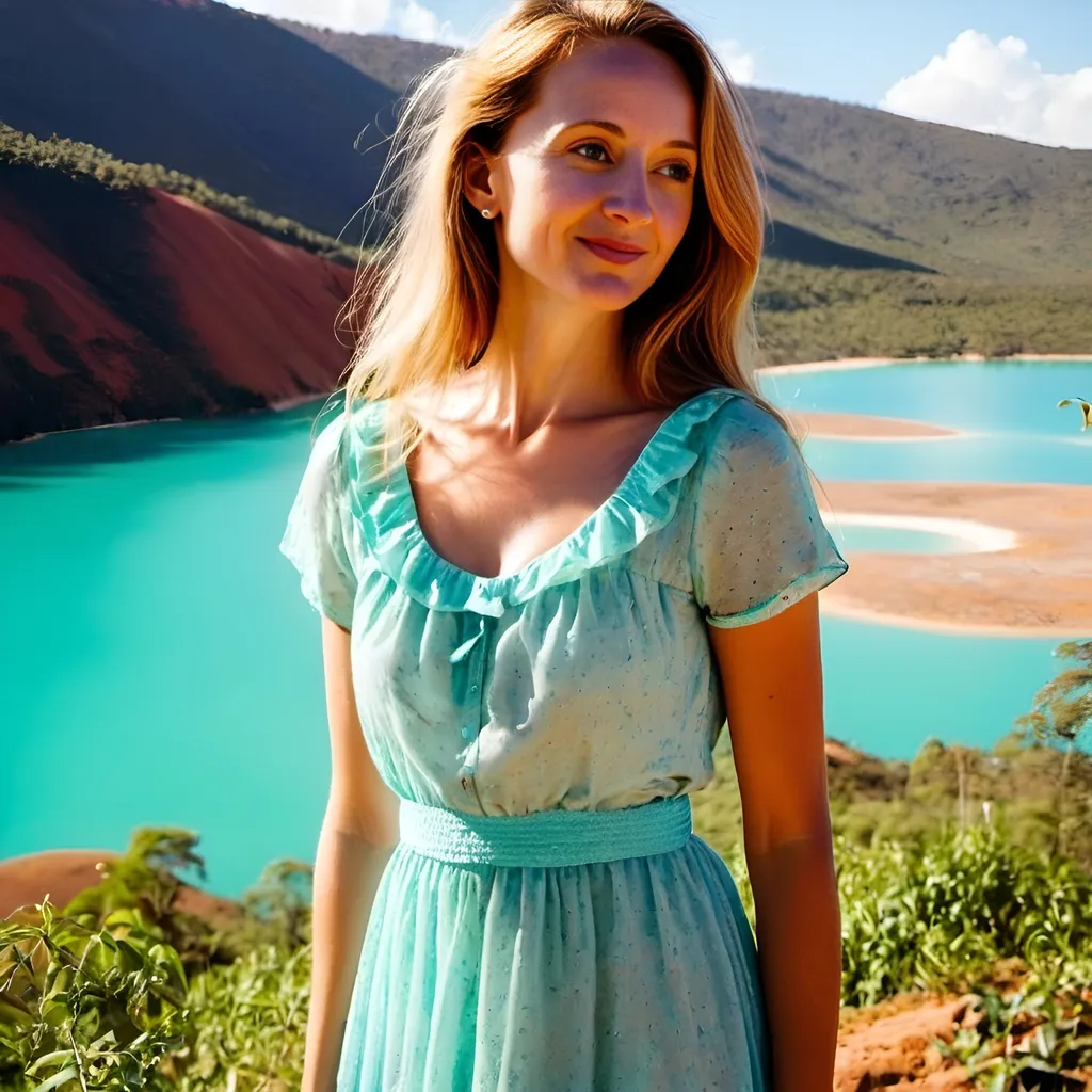 Prompt: a young and beautiful blue eyed girl wearing lovely summer dress is in Madagascar with two lakes with turquoise colour in the background, sunny day, happy atmosphere