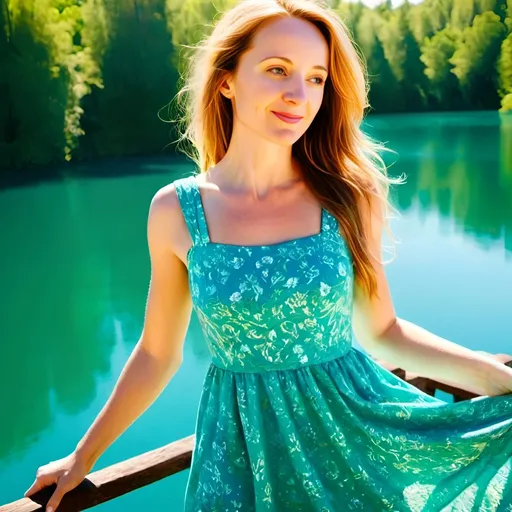 Prompt: (beautiful young girl with blue eyes), wearing a (lovely summer dress), standing against a backdrop of two (azure blue lakes), under a (bright, sunny sky), exuding a (happy, cheerful atmosphere), lush green surrounding, vibrant colors, (high detail, 4K), warm light creating a radiant effect on her face, tranquil bliss, stunning natural landscape.