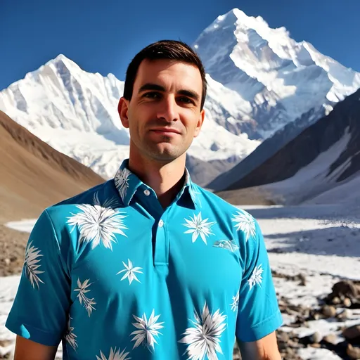 Prompt: (happy young handsome man), wearing a tropical shirt, standing confidently in the Karakoram range, surrounded by towering snow-capped peaks, (K2 peak) prominently in the distance, under a radiant sunny sky, (Himalayan atmosphere), crisp and fresh ambiance, photorealistic, ultra-detailed, showcasing the magnificence of the landscape with vibrant blue skies and bright sunlight illuminating the snow.