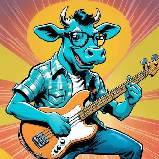 Prompt: Comic book illustration of a nerdy teenage cow wearing black rimmed glasses, in the style of Jack Kirby and Wally Wood, 1940s vintage comic, faded colors, playing a turquoise fender jazz bass, wearing jeans, check shirt, white tee-shirt, black rimmed 1950s glass, on stage,